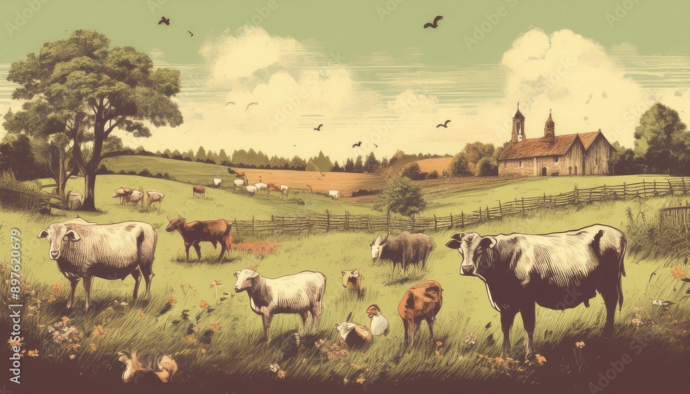 Farm animals grazing in a meadow Farm animals grazing in a meadow