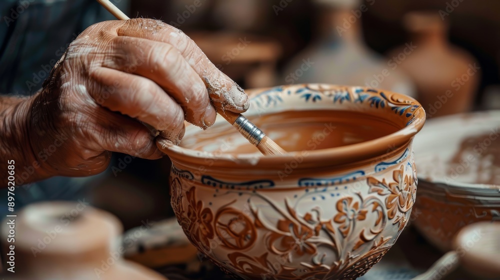 Detailed Craftsmanship: Potter Carefully Painting Intricate Designs on a Ceramic Bowl Detailed Craftsmanship: Potter Carefully Painting Intricate Designs on a Ceramic Bowl