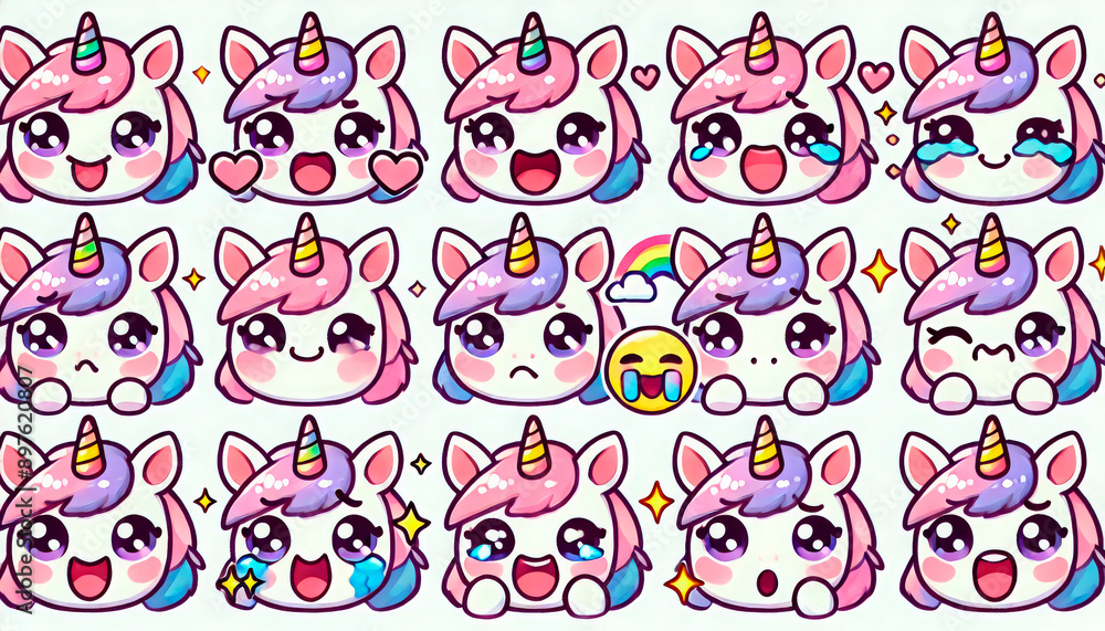 Obraz premium Adorable unicorn-themed sticker set featuring cute unicorn characters in various poses and expressions with stars, hearts, and rainbows on a white background. Perfect for children's decor, scrapbookin