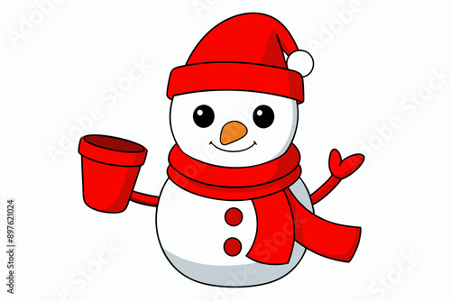 Cute Snowman Vector Illustration, Cartoon, Clipart, Line Art