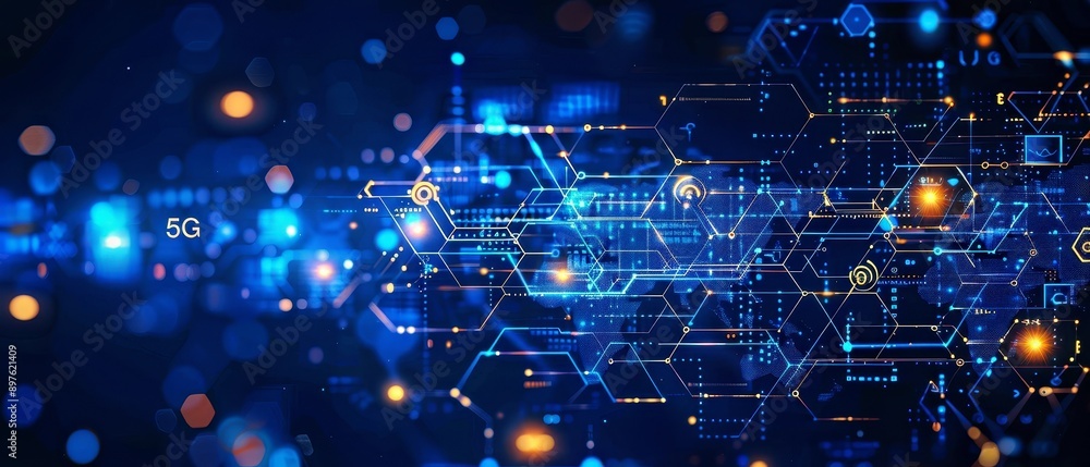 Minimalist depiction of 5G and data privacy integration, geometric shapes and blue tones, clean and secure, space for text Minimalist depiction of 5G and data privacy integration, geometric shapes and blue tones, clean and secure, space for text
