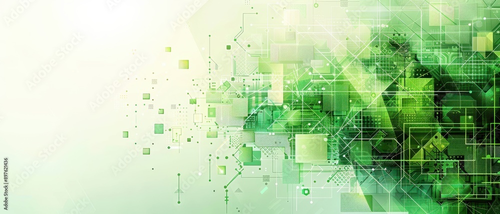 Minimalist depiction of AI and green technology, geometric shapes and green tones, clean and innovative, space for text Minimalist depiction of AI and green technology, geometric shapes and green tones, clean and innovative, space for text