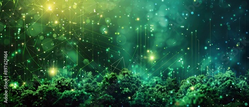 Minimalist depiction of AI and green technology, geometric shapes and green tones, clean and innovative, space for text