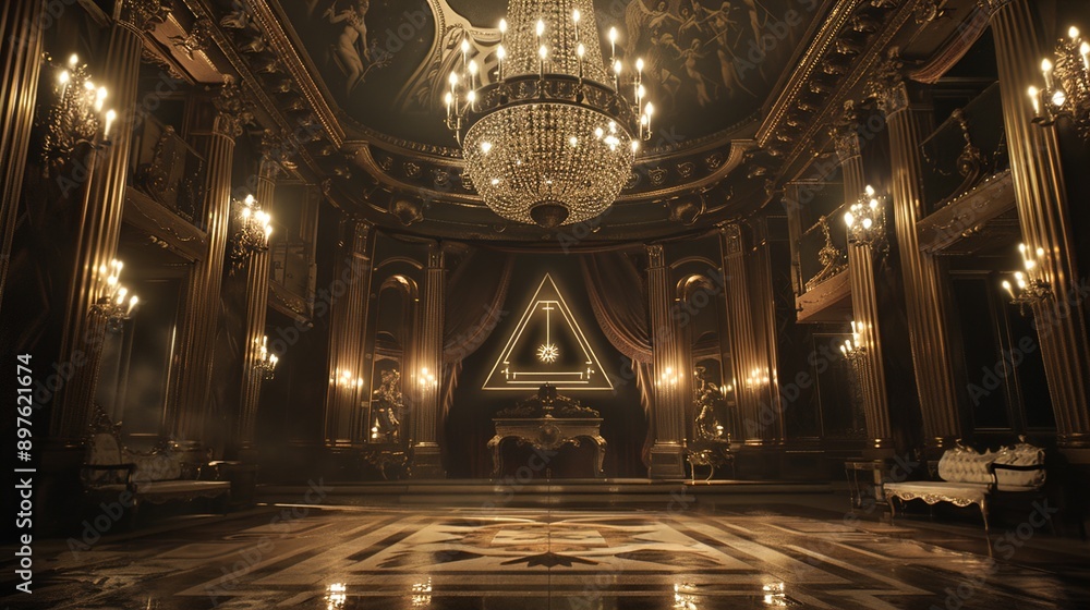Obraz premium A grand, darkened hall with an ornate chandelier and an Illuminati symbol projected on the wall.
