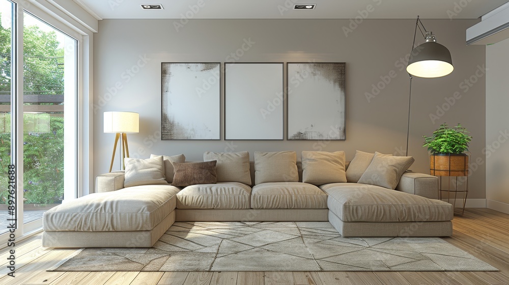 Contemporary interior wall design with white frame, home template, canvas, and wooden decor Contemporary interior wall design with white frame, home template, canvas, and wooden decor