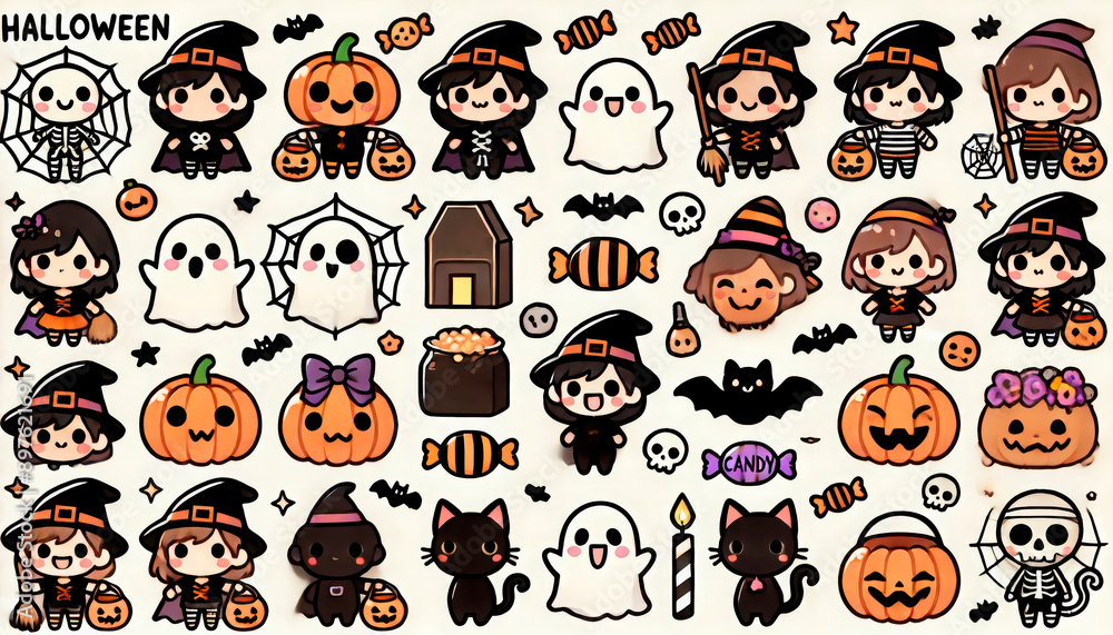 Obraz premium Cute Halloween-themed sticker set featuring characters in witch costumes, pumpkins, ghosts, bats, and candy. Perfect for holiday decorations, social media, and party invitations. Ideal for businesses 