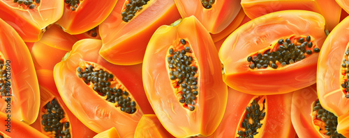 Seamless pattern featuring papaya slices for background, offering a warm and tropical feel. photo