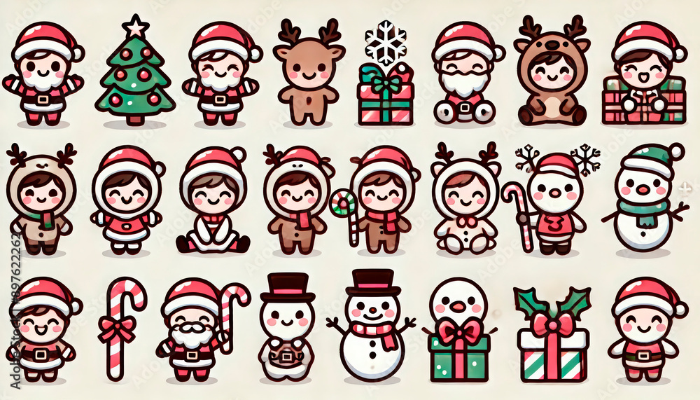 Fototapeta premium Adorable Christmas-themed sticker set featuring cute characters dressed as Santa, reindeer, and elves, along with Christmas trees, presents, candy canes, and gingerbread houses on a white background. 
