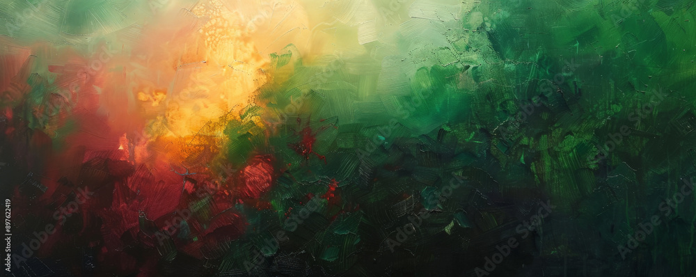 Fototapeta premium Abstract oil painting with radiant green and red hues. The glowing colors blend harmoniously, creating a vibrant and lively visual experience that showcases the depth of the oil paint texture.