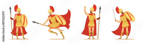 Spartan Man in Red Cloak and Helmet Armed with Spear, Sword and Shield Attacking Vector Set