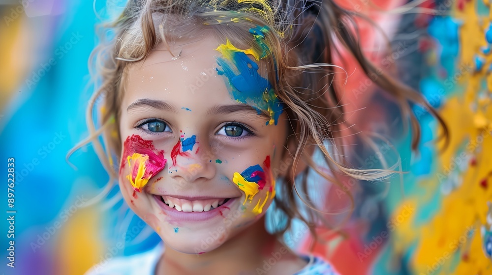 a little girl with her face painted with colors a little girl with her face painted with colors