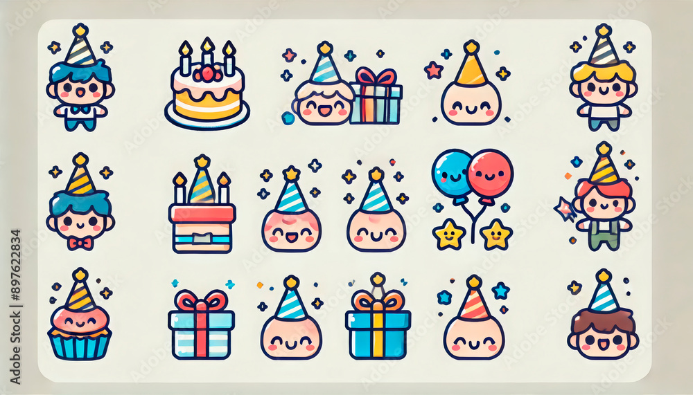 Cute birthday-themed sticker set featuring adorable characters with party hats, cakes, presents, balloons, and candles on a white background. Perfect for birthday decorations, scrapbooking, and statio Cute birthday-themed sticker set featuring adorable characters with party hats, cakes, presents, balloons, and candles on a white background. Perfect for birthday decorations, scrapbooking, and statio
