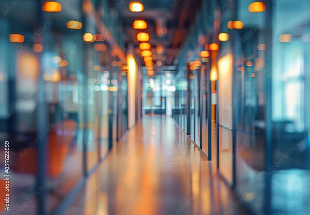 a long hallway with glass walls and lights on the ceiling a long hallway with glass walls and lights on the ceiling