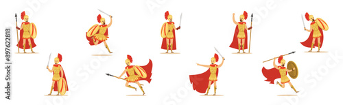 Spartan Man in Red Cloak and Helmet Armed with Spear, Sword and Shield Attacking Vector Set