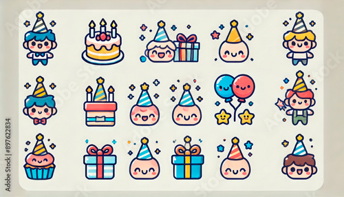 Cute birthday-themed sticker set featuring adorable characters with party hats, cakes, presents, balloons, and candles on a white background. Perfect for birthday decorations, scrapbooking, and statio