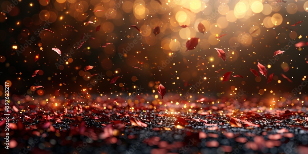 Red petals falling on a dark surface with a golden bokeh background Red petals falling on a dark surface with a golden bokeh background