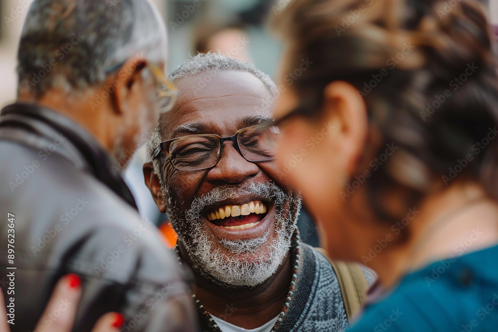 Fototapeta premium A joyful older man with glasses laughing heartily in a close interaction with two others, creating a warm and happy atmosphere.