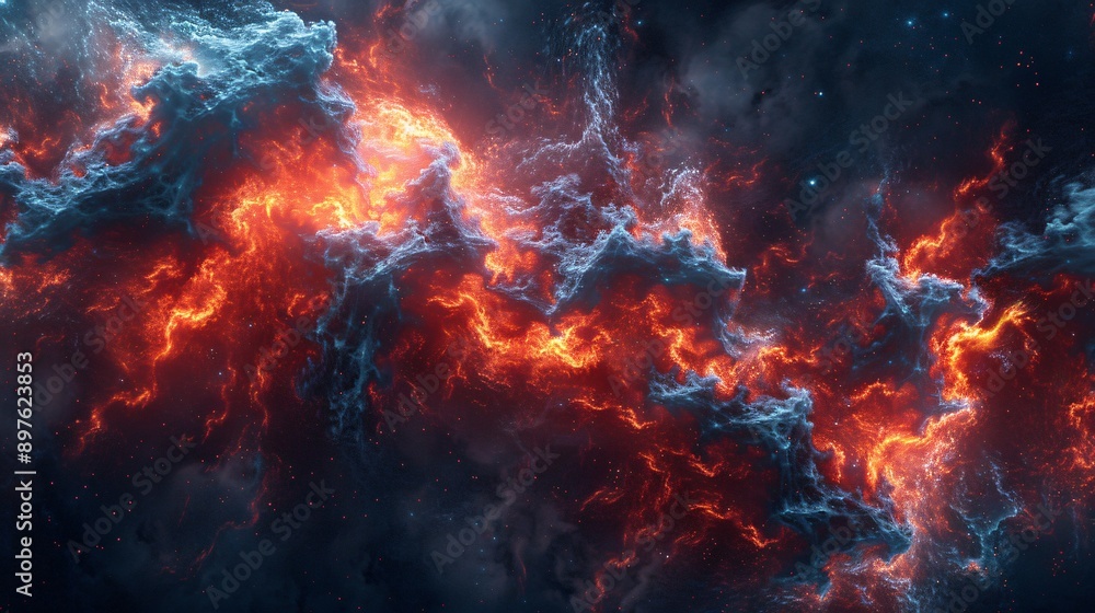 An abstract digital illustration depicting fiery clouds against a dark space background An abstract digital illustration depicting fiery clouds against a dark space background