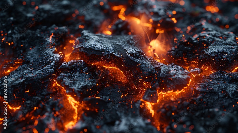 A close up view of lava flowing through a field of darkened rocks A close up view of lava flowing through a field of darkened rocks