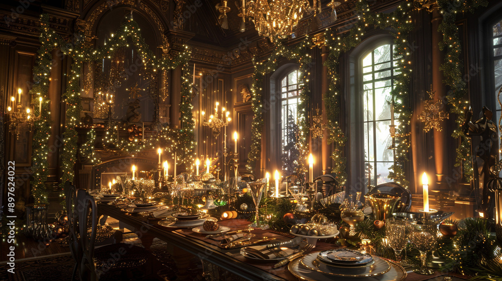 Fototapeta premium Elegant Holiday Banquet: Festive Dining Room Set for Christmas Dinner