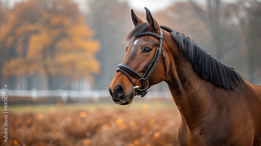 Obraz premium A brown horse with a black bridle stands in a field with fallen leaves