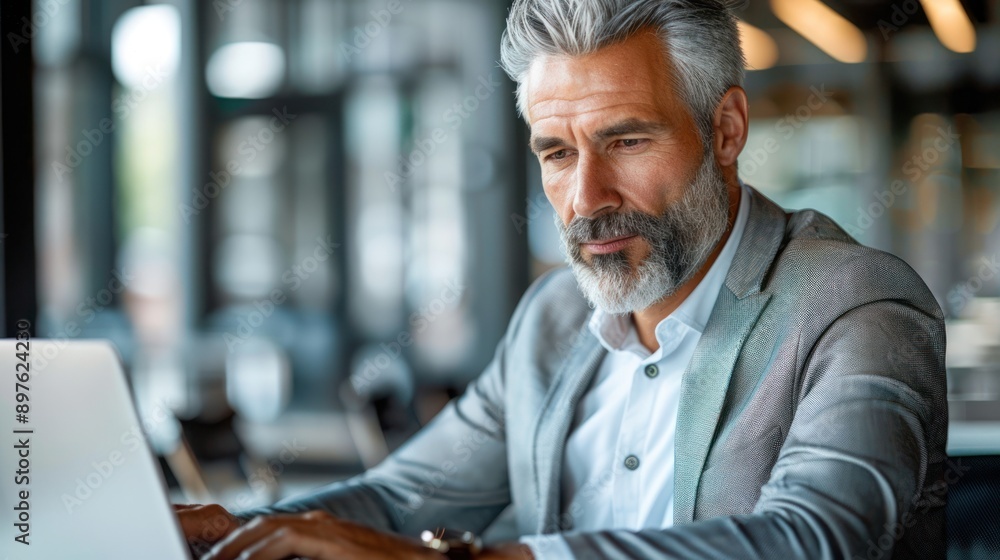 Obraz premium A man in a blazer types on a laptop while sitting at a table in an office