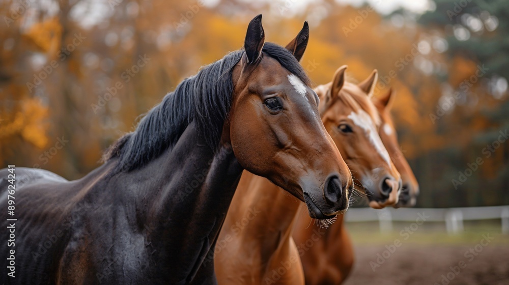Fototapeta premium Three horses stand together in a field, looking towards the camera, with a blurred background of golden autumn leaves