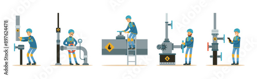 Oil Industry Man Worker Character in Uniform Vector Set