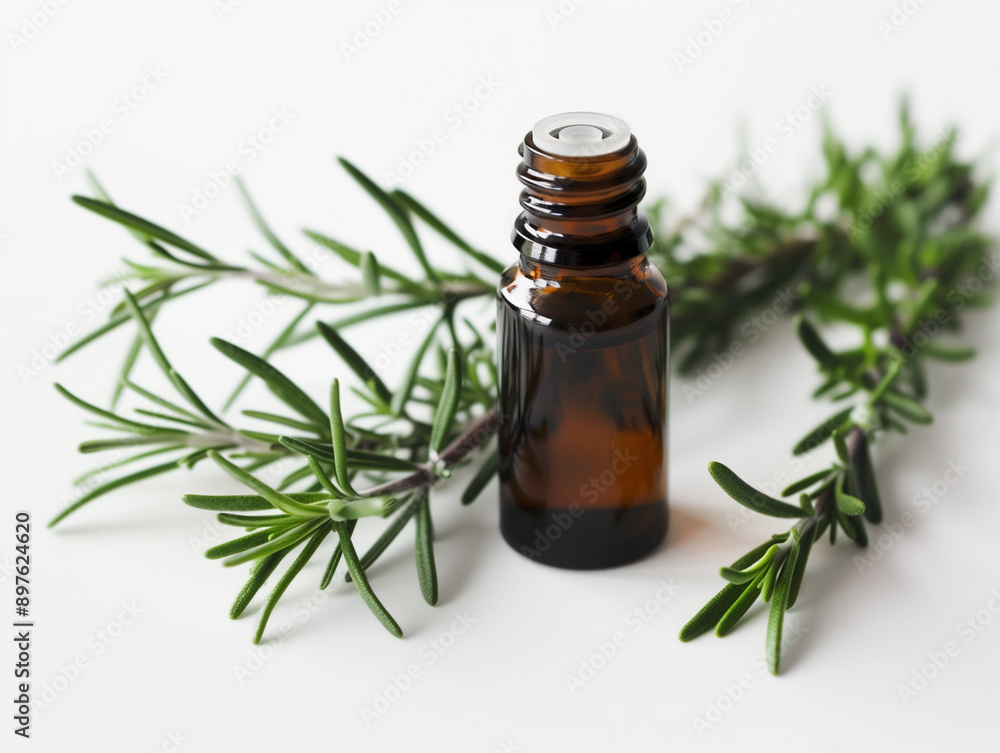 Rosemary essential Oil on white background surrounded by rosemary sprigs Rosemary essential Oil on white background surrounded by rosemary sprigs