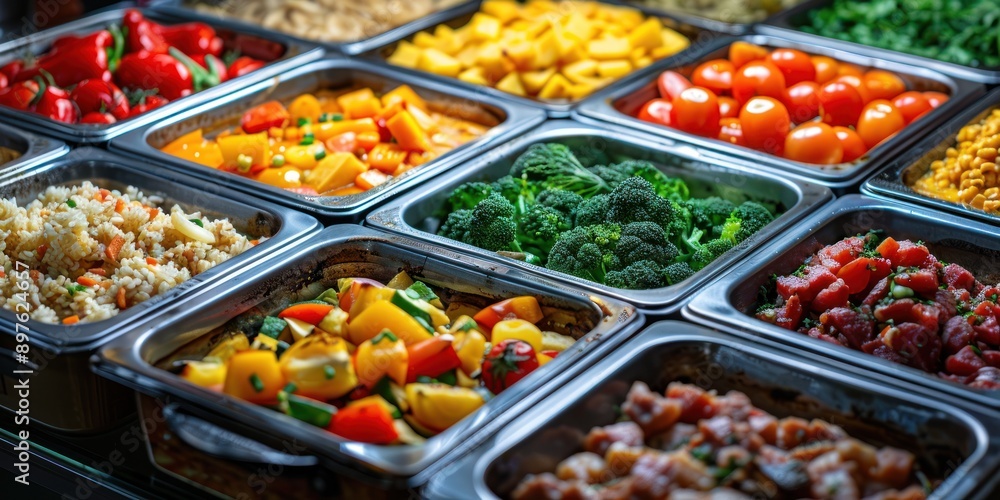 Various food items are arranged in metal trays at a buffet line Various food items are arranged in metal trays at a buffet line