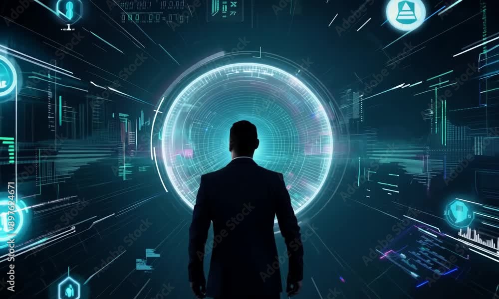 lonely man in digital cyber space technology animation 4K video lonely man in digital cyber space technology animation 4K video