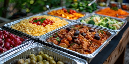 Aluminum trays of grilled chicken, veggies, pasta, and fruit spread on outdoor table