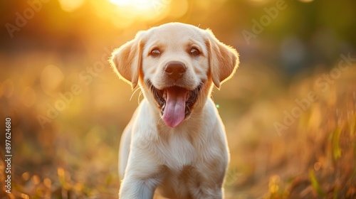 A Golden Retriever puppy stands in a grassy field with the sun setting behind it