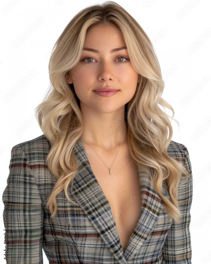 A young woman with long, blonde hair is wearing a plaid blazer A young woman with long, blonde hair is wearing a plaid blazer