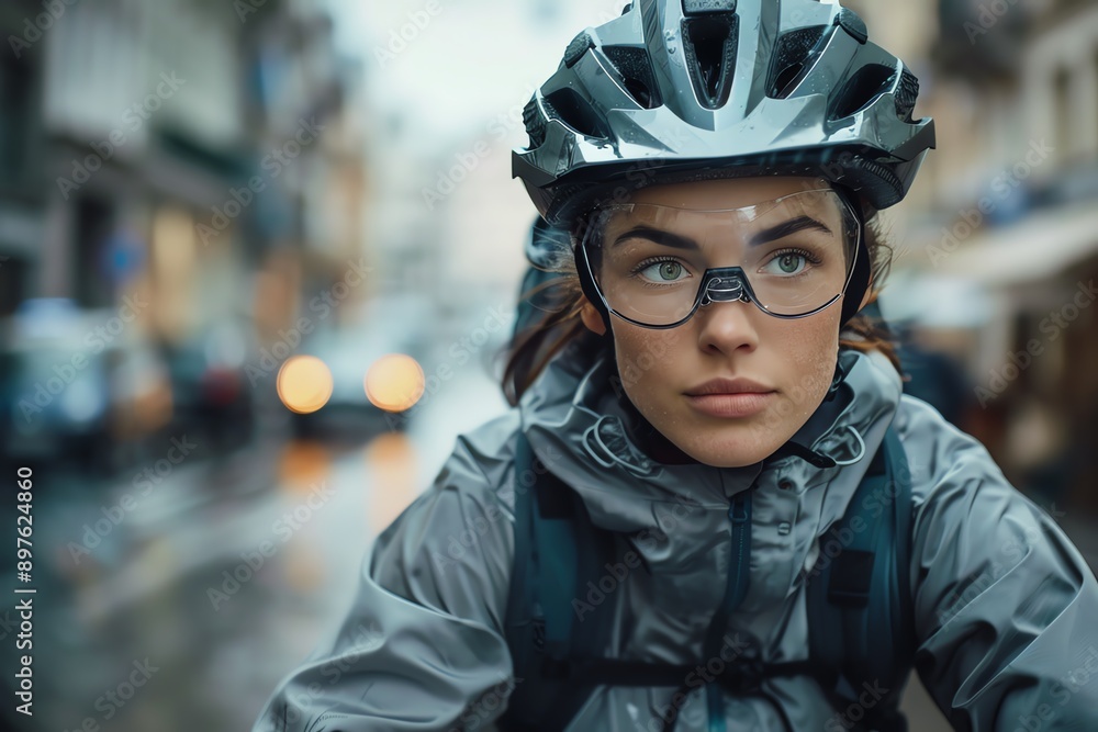 Determined cyclist in protective gear rides through the city on a rainy day, wearing helmet and glasses, focused on the path ahead. Determined cyclist in protective gear rides through the city on a rainy day, wearing helmet and glasses, focused on the path ahead.