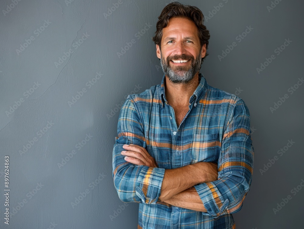 A man with a beard smiles and stands with arms crossed in front of a gray wall A man with a beard smiles and stands with arms crossed in front of a gray wall