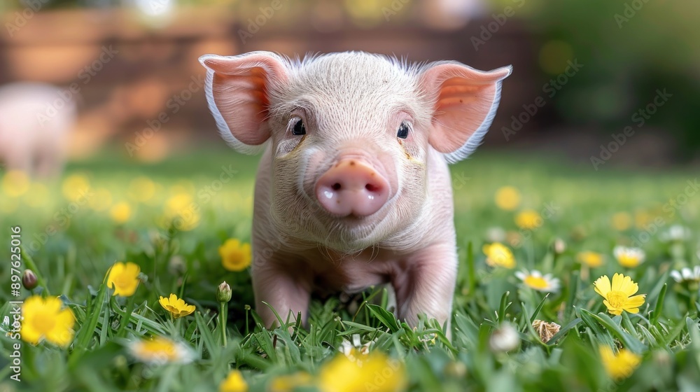 A small piglet stands in a field of green grass and yellow flowers A small piglet stands in a field of green grass and yellow flowers