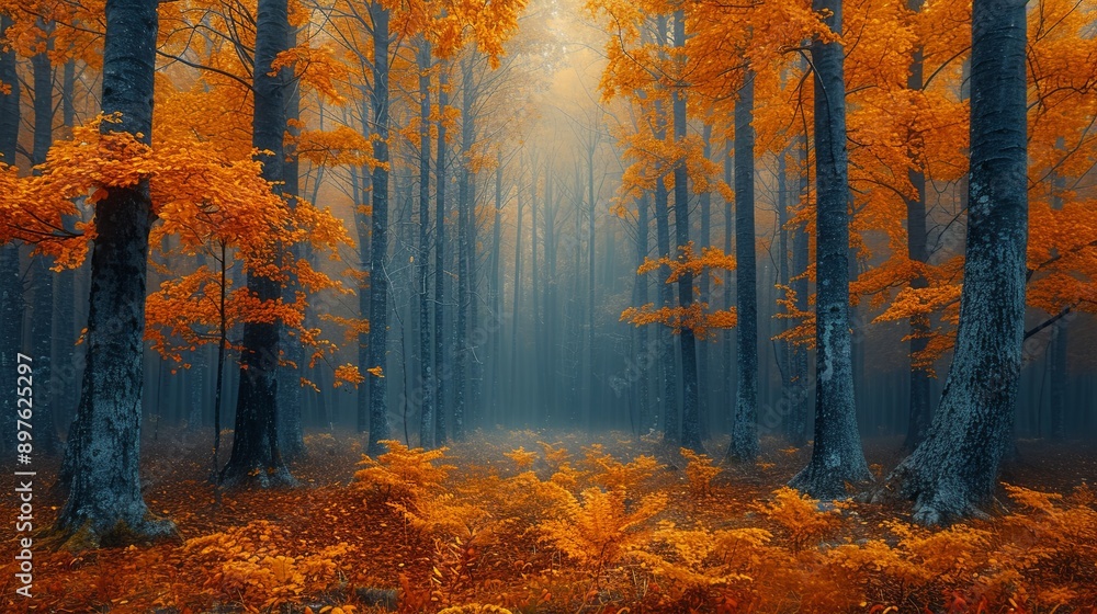 Obraz premium A Beautiful Autumn Maple Tree Grove in Full Color with Golden Leaves Falling to the Ground, Offering a Picturesque Scene of Nature's Beauty