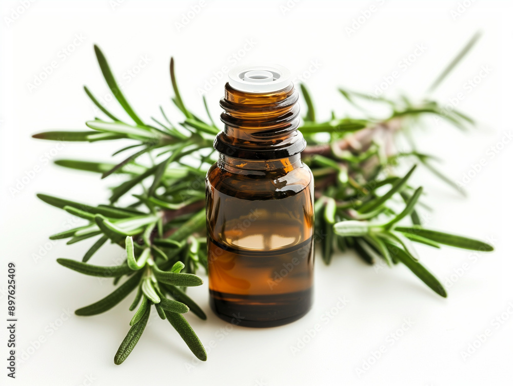 Rosemary essential Oil on white background surrounded by rosemary sprigs Rosemary essential Oil on white background surrounded by rosemary sprigs