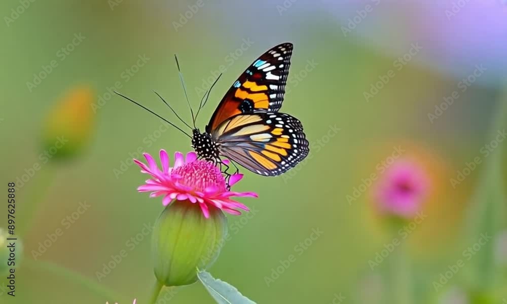 Vibrant butterfly perched on a pink flower with delicate petals and a soft-focus background. The butterfly's wings display a stunning pattern of colors, adding to the natural beauty of the scene Vibrant butterfly perched on a pink flower with delicate petals and a soft-focus background. The butterfly's wings display a stunning pattern of colors, adding to the natural beauty of the scene