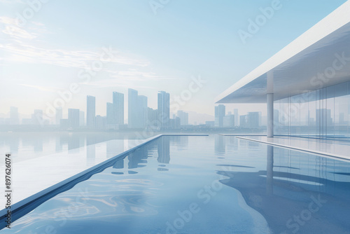 Modern buildings by the lake. The modern urban skyline is in the background.