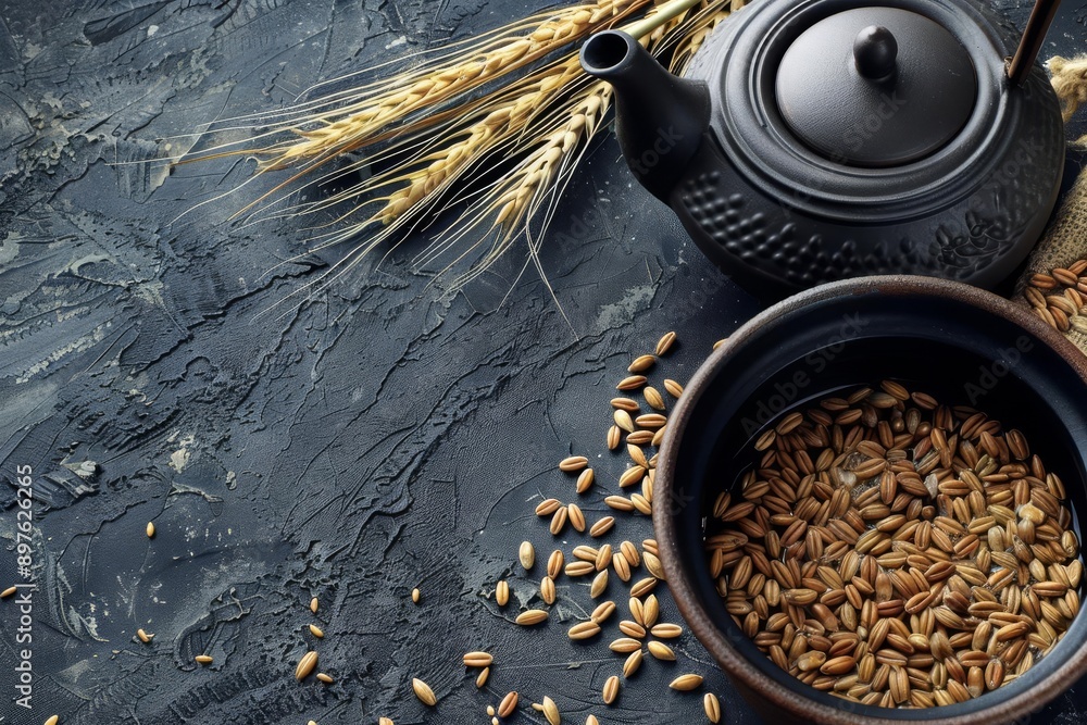 Fototapeta premium Korean barley tea in a teapot with barley grains, with space for text