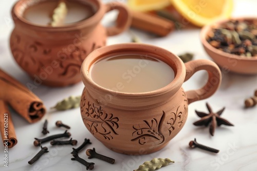 Indian masala chai in a clay cup with spices around, with room for copy space