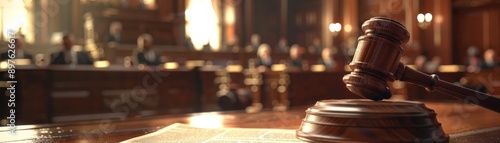 A close-up of a gavel in a courtroom, symbolizing justice and legal proceedings, with blurred figures in the background. photo