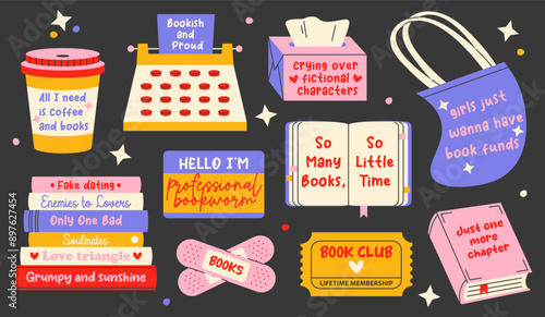 Hand drawn phrases for reading lovers or bookworms. Cartoon colorful elements set for stickers or pins design. Stack of books, cup of coffee, book club ticket, typewriter, open book etc.