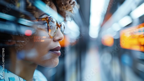 Wallpaper Mural A person standing amidst a cyber environment with colorful lights in the background. The image has a blurred effect highlighting the digital and futuristic ambiance. Torontodigital.ca