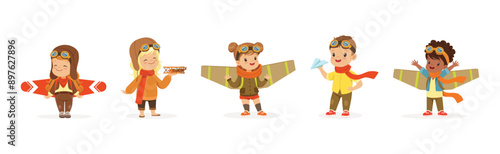 Kids in Pilot Costumes and Toy Plane Playing and Have Fun Vector Set