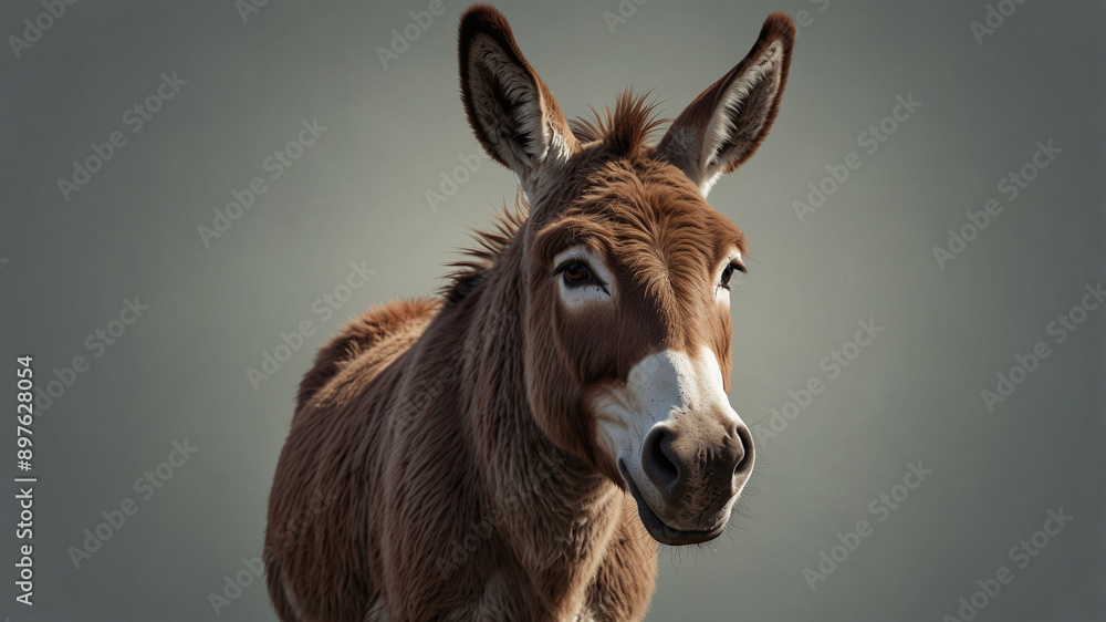 Portrait of a Cute Donkey with Fluffy Fur and Big Ears against a Plain Background Portrait of a Cute Donkey with Fluffy Fur and Big Ears against a Plain Background