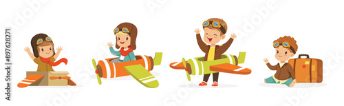 Kids in Pilot Costumes and Toy Plane Playing and Have Fun Vector Set