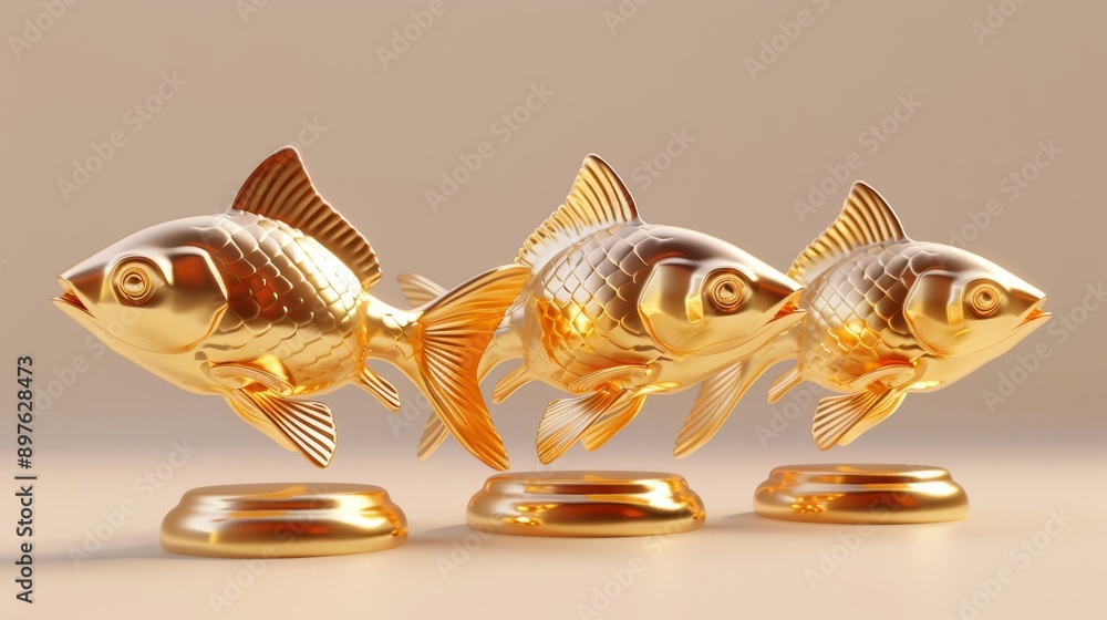 Fototapeta premium Three golden fish figurines on stands, a symbol of wealth and prosperity.